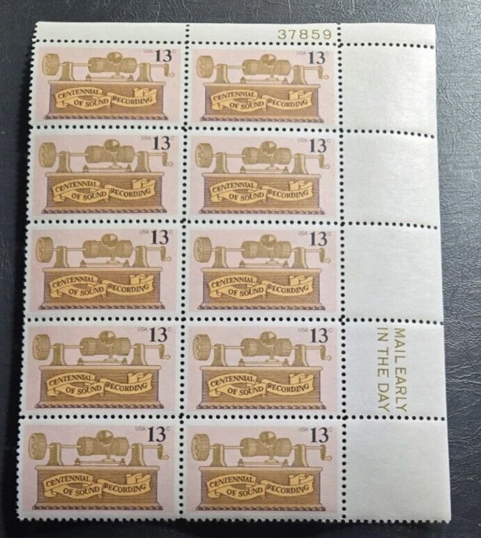 Scott #1705 1977 Sound Recording Issue P#37859 block of 4 + Margin block of 6 - Image 1 of 1