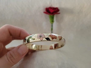 NEW Vintage Cream Asian Deity Chinese Cloisonne Bangle Bracelet Copper Floral - Picture 1 of 6