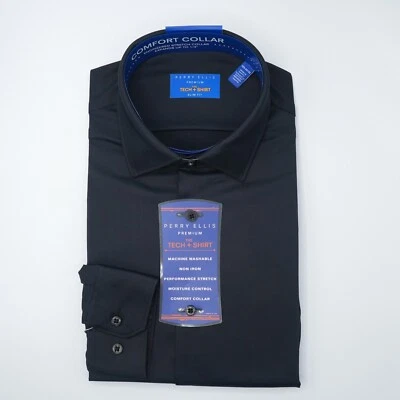Camisa de vestir Perry Ellis para hombre 15,5 34/35 ajuste ceñido negra lisa sin planchar nueva con etiquetas $69,50 Foto 1 de 4