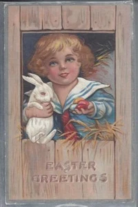 EASTER GREETINGS series #1 embossed Boy, Bunny & Eggs Postcard DB PM 1909 #486 - Picture 1 of 2