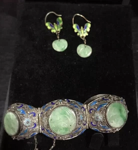 Chinese Jade Jadeite Carved Plaque Crane Silver Enamel Filigree Bracelet Set Mk - Picture 1 of 4