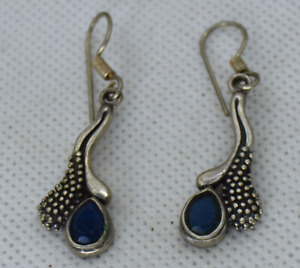 ANCIENT ANTIQUE SILVER VICTORIAN ETHNIC OLD EARRINGS BLUE STONE BEAUTIFUL GYPSY