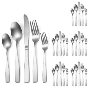 Silver Matte Silverware Square Handle 30 pieces Stainless Steel Cutlery Set f... - Picture 1 of 9