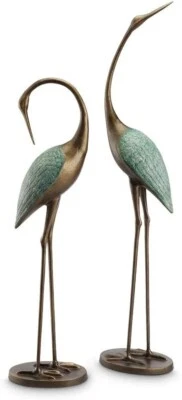 Stylized Crane Garden Pair Sculpture Statue Bird Heron Set Of 2 Bronze Patina - Image 1 of 3