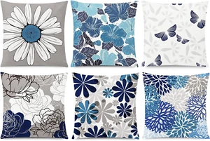 Blue Grey Pillow Covers 18X18 Set of 6 Decorative Daisy Flower Throw Pillow Cove - Picture 1 of 12