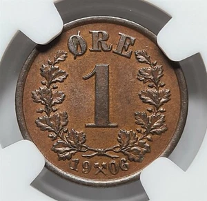 NORWAY 1 ore 1906 NGC MS 63 BN UNC King Haakon VII Bronze Lion Crown Graded - Picture 1 of 7