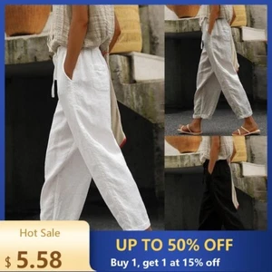 Womens Cotton Linen Casual Harem Pants Ladies Summer Solid Drawstring Trousers - Picture 1 of 21