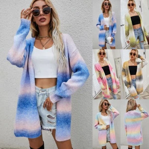2025 Womens Chunky Knitted Jumper Open Long Sleeve Rainbow Cardigan Outwear Tops - Picture 1 of 58