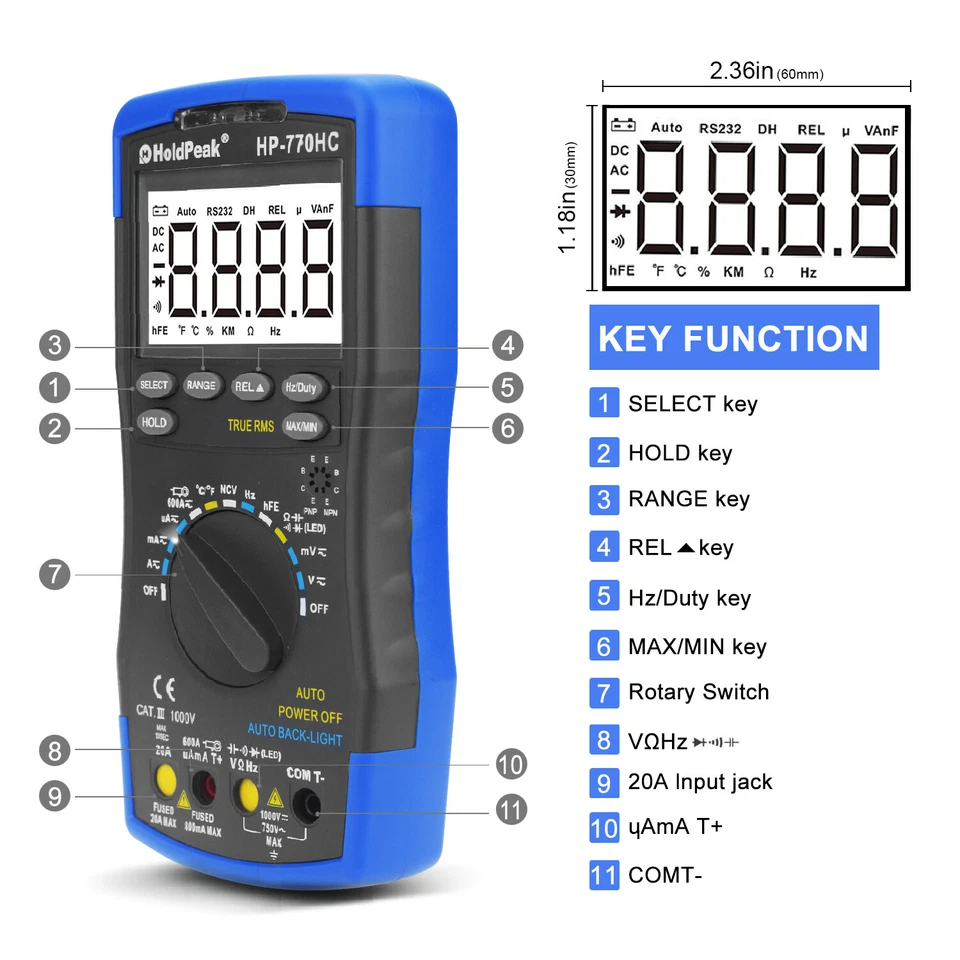 HOLDPEAK Pro Digital Multimeter 5999C AC/DC TrueRMS Current NCV Resistance Temperature