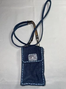 denim Leather Crossbody Cell Phone purse w Shoulder Strap 4x6” Stitches Accent - Picture 1 of 6