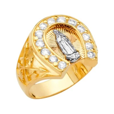Zapato de caballo dorado tricolor 14K anillo de circonita cúbica para hombre con guadadalupe Foto 1 de 3