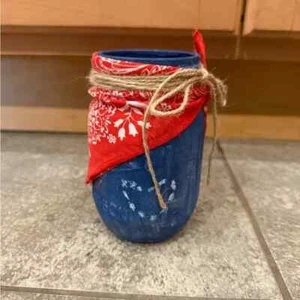 Blue Mason Jar Vase with Red Bandana Accent Country Themed Handmade - Picture 1 of 4
