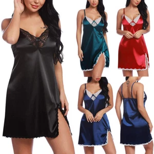 Women Sexy Chemise Lingerie Satin Nightie Sleepwear Lace Sleep Dress Pajamas Set - Picture 1 of 31