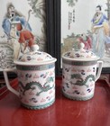 Old Chinese Famille Rose Verte Dragon x2 Mugs + Lid Hand painted Unused 景德镇