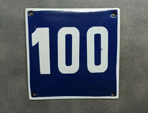 Vintage Enamel Sign Number 100 Blue House Door Street Plate Metal Porcelain Tin Cover