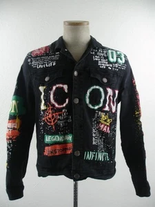 Men's M Copper Rivet Denim Factory Jean Trucker Jacket Black Punk Rock Icon Vtg - Picture 1 of 24