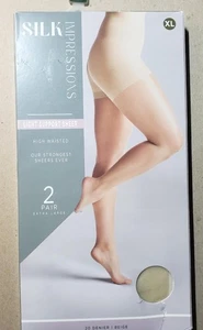 Pantimedias Silk Impressions XL transparentes 20 denier BEIGE cintura alta 2 pr L1000 - Imagen 1 de 4