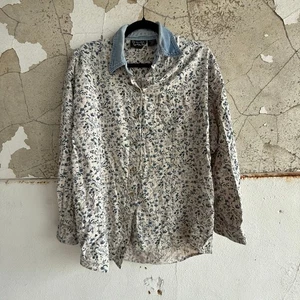 Vintage 90s Button Up Shirt Womens L Ditsy Floral Print Denim Collar Cottagecore - Picture 1 of 5