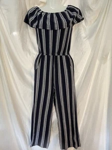 EYEShadow Jumpsuit Girl’s Size 8 Navy White Stripe Casual Boho Stretch Fun - Picture 1 of 10
