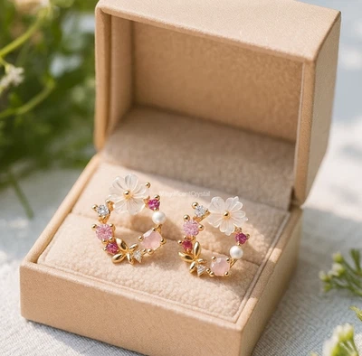 Pendientes circulares de perlas con flores 925 pendientes minimalistas para mujer joyas Foto 1 de 4