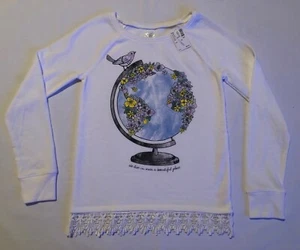 New JUSTICE White Sweatshirt Beautiful Place Glitter Flower Globe Bird Size 10 - Picture 1 of 4