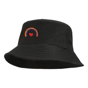Rainbow with red heart embroidered black cotton bucket hat - Picture 1 of 2