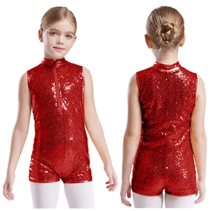 Kids Girls Bodysuit Dancing Jumpsuit Stand Collar Leotard Workout Zipper Show - Picture 1 of 60