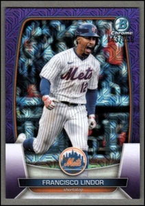Mega caja de refractores púrpura Bowman 2023 cromados #81 Francisco Lindor/250 - casi nuevo-como nuevo - Imagen 1 de 1