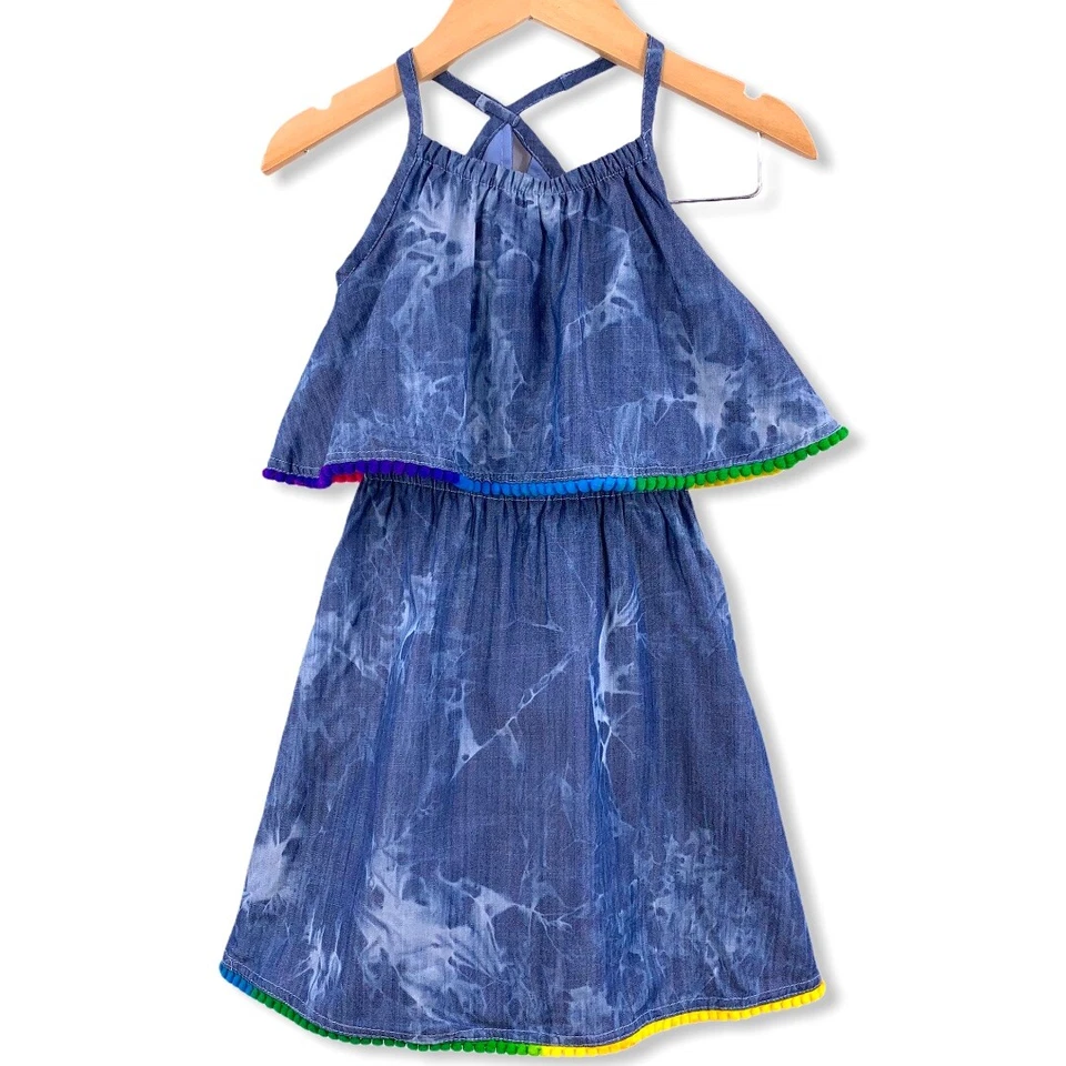 Appaman Lee Dress River Wash Rainbow Pom Pom Trim 2T - Image 1 of 4