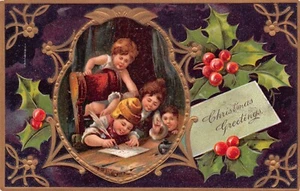 VINTAGE AMERICAN 1909 EMBOSSED CHRISTMAS POSTCARD WITH CHILDREN #2505102 - Picture 1 of 3