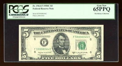 DBR 1950-C $5 FRN Atlanta Gem Fr. 1964-F PCGS 65 PPQ Serial F59998044C - Image 1 of 2