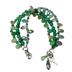 3 Rows Green Agate Crystal Beaded Cz Pave Key Charm Bracelet 8" - Picture 1 of 6