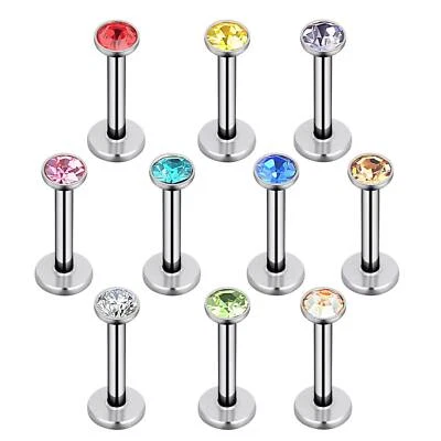 10x Stainless Steel Labret Stud Lip Ring Helix Tragus Earring CZ Gem Jewelry 16G - Image 1 of 4