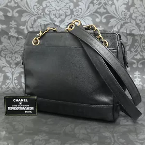 CHANEL Caviar Skin Leather Black Chain Shoulder Bag Tote Bag #2367 Rise-on - Picture 1 of 11