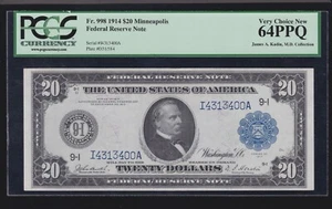 US 1914 $20 FRN Minneapolis Minnesota FR 998 PCGS 64 PPQ Ch CU (400) - Picture 1 of 2
