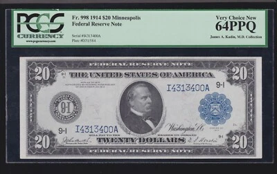 US 1914 $20 FRN Minneapolis Minnesota FR 998 PCGS 64 PPQ Ch CU (400) - Image 1 of 2