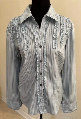 Blusa De Colección Calvin Klein Azul Rayas Talla M Abotonada Mangas Largas Cuello Volantes Foto 1 de 4