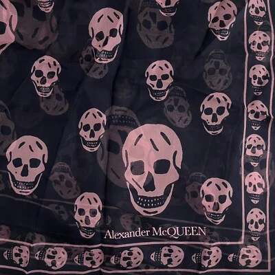 NWT Alexander McQueen Classic Sheer Navy & Pink Chiffon Silk Skull Scarf - Image 1 of 4