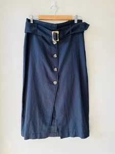 SUSSAN 14 Women’s Navy Belted Button Front Midi Skirt Cotton Linen Blend NEW - Picture 1 of 12