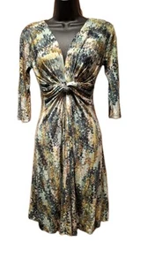 Salaam S Dress Rayon spandex Earth Tones Front Knot 3/4 Slv Below Knee - Picture 1 of 6