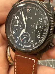 BULOVA 98B245 Military Chronograph Date Quartz Wristwatch Black W/Leather Band - Picture 1 of 18