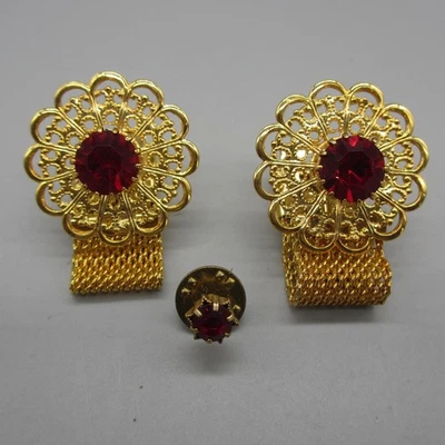 Vintage Cufflinks And Tie Tac Red Rhinestone Wrap Around Mesh Gold Tone Filigree - Image 1 of 4