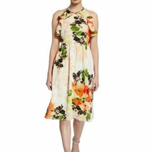 Nicole Miller Damen Neckholder Kleid Größe 12 Creme Orange Blumen Rüschen Landhaus Neu mit Etikett - Bild 1 von 10