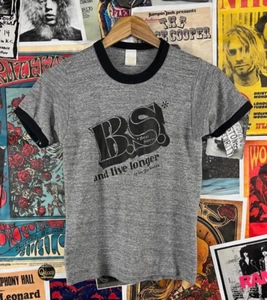 Vtg 70s BS Beat Stress Live Longer Dr. Jim Keelan Rayon Graphic Ringer T-Shirt - Picture 1 of 8