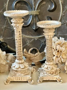 Pair of VTG Ornate Creamy Ivory Weathered Resin Candle Holders Taper or Pillar - Picture 1 of 17