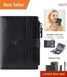 Slim Leather RFID Wallet for Women Black Bifold with Zip Coin Pocket Compact - Picture 1 of 11