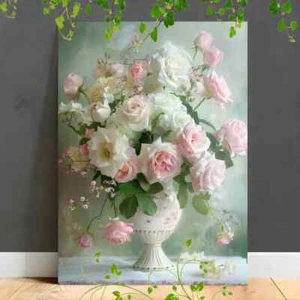 Vase of Pastel Pink & White Roses Flowers Floral Framed Canvas Print 24x36 - Picture 1 of 4