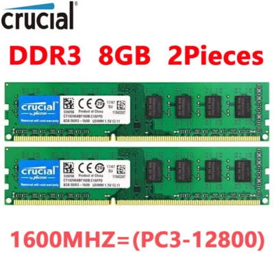 CRUCIAL DDR3 16GB (2x 8GB) 1600MHz PC3-12800 Desktop 240pin DIMM Memory RAM 16GB - Image 1 of 4