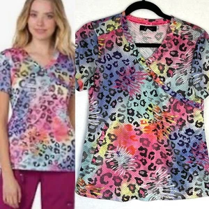 Koi Lite Women's Scrub Top Size Small Bright Colorful Tie Dye Cheetah Print - Picture 1 of 9