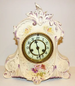 LOVELY VINTAGE WATERBURY PORCELAIN FLORAL PARLOR/MANTLE/BOUDOIR 12" TALL CLOCK - Picture 1 of 20